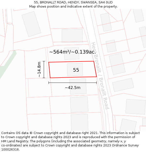 55, BRONALLT ROAD, HENDY, SWANSEA, SA4 0UD: Plot and title map