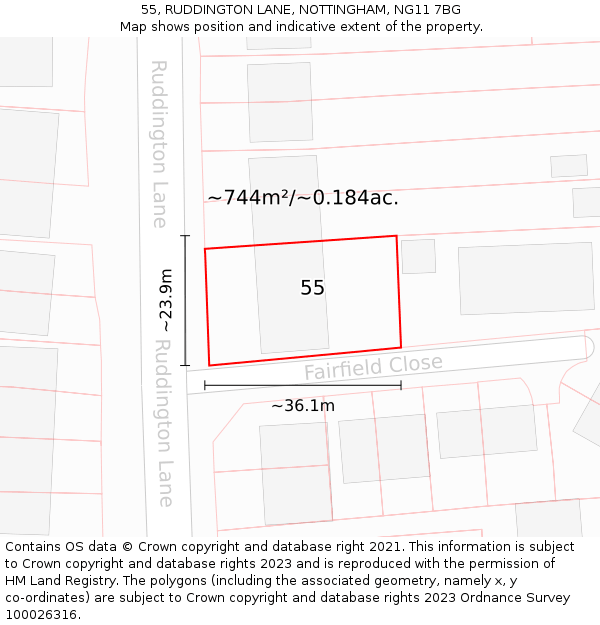 55, RUDDINGTON LANE, NOTTINGHAM, NG11 7BG: Plot and title map
