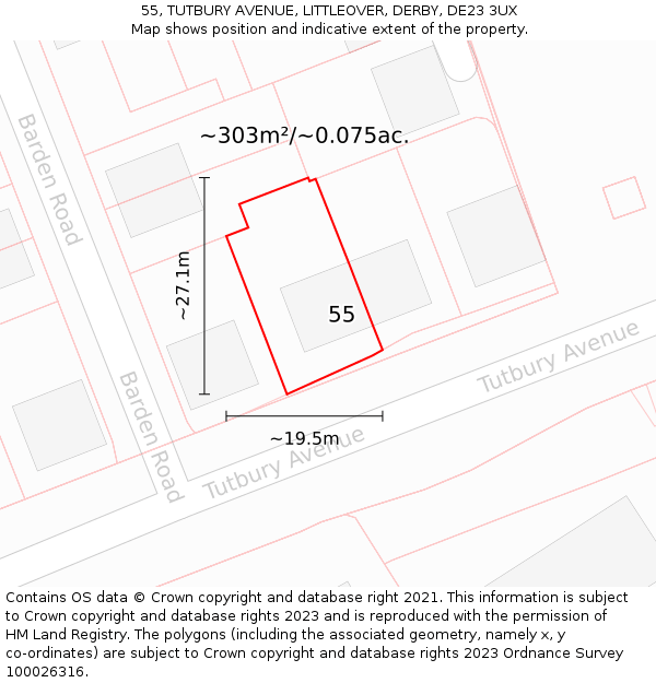 55, TUTBURY AVENUE, LITTLEOVER, DERBY, DE23 3UX: Plot and title map