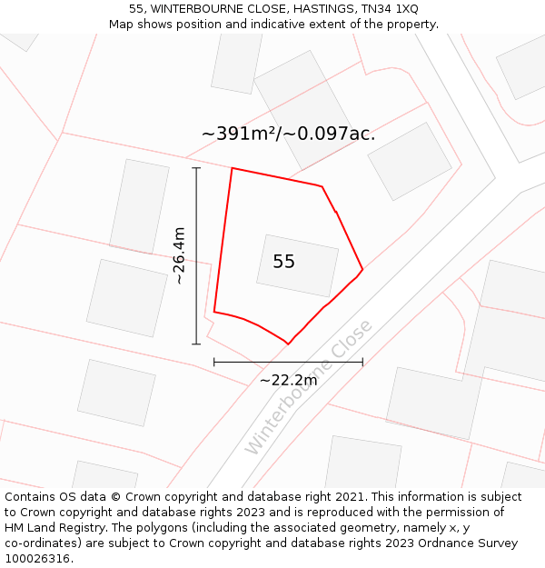 55, WINTERBOURNE CLOSE, HASTINGS, TN34 1XQ: Plot and title map
