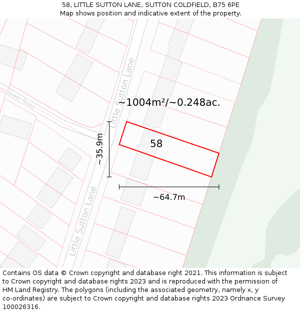 58, LITTLE SUTTON LANE, SUTTON COLDFIELD, B75 6PE: Plot and title map