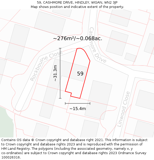 59, CASHMORE DRIVE, HINDLEY, WIGAN, WN2 3JP: Plot and title map