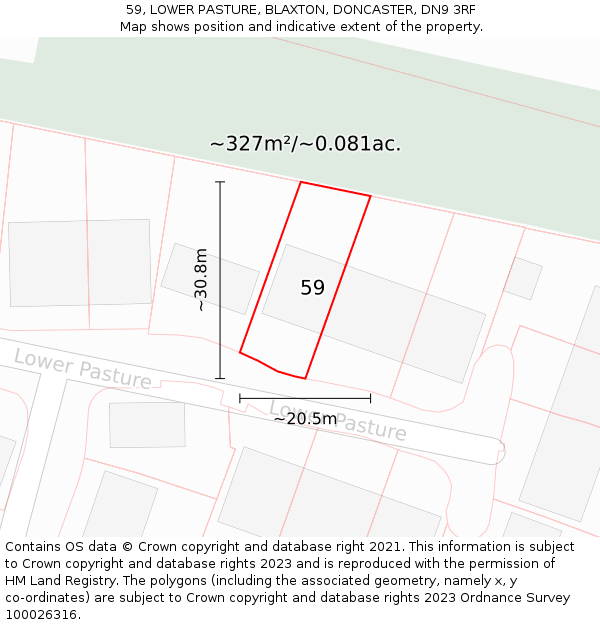 59, LOWER PASTURE, BLAXTON, DONCASTER, DN9 3RF: Plot and title map