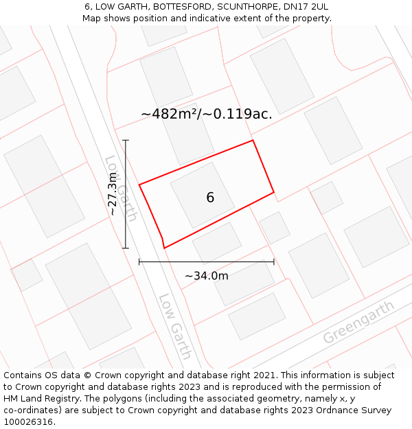 6, LOW GARTH, BOTTESFORD, SCUNTHORPE, DN17 2UL: Plot and title map