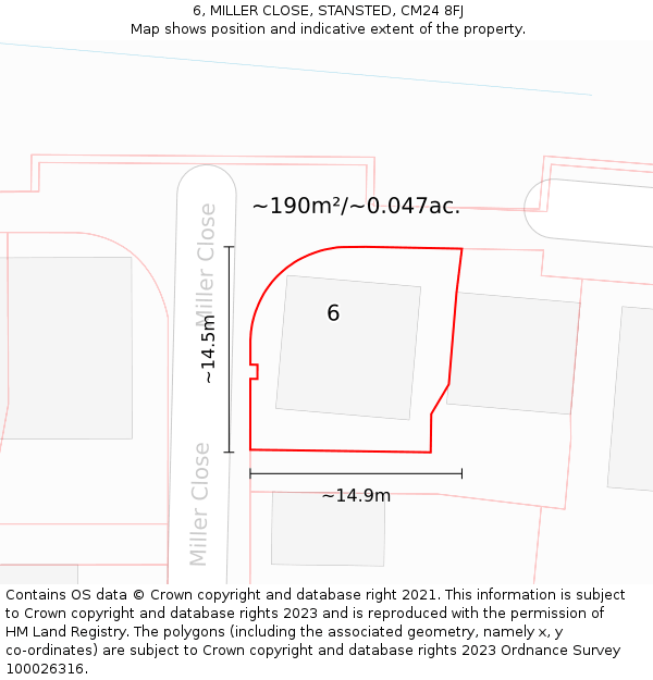 6, MILLER CLOSE, STANSTED, CM24 8FJ: Plot and title map
