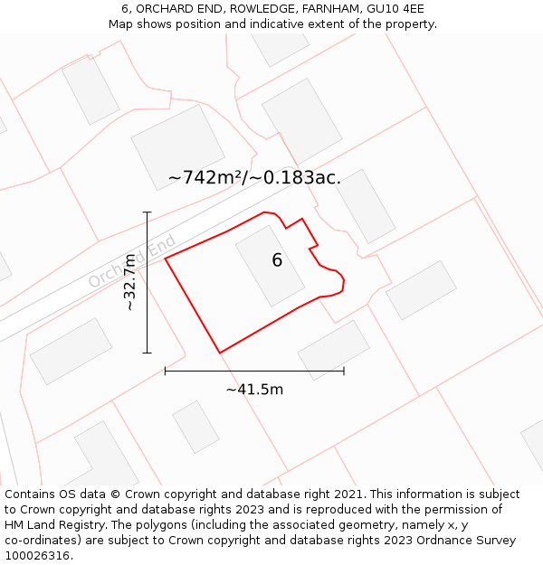 6, ORCHARD END, ROWLEDGE, FARNHAM, GU10 4EE: Plot and title map