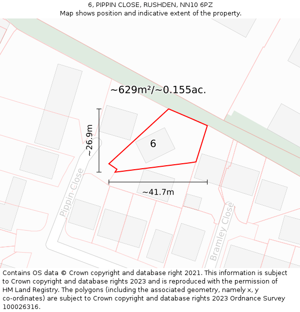 6, PIPPIN CLOSE, RUSHDEN, NN10 6PZ: Plot and title map