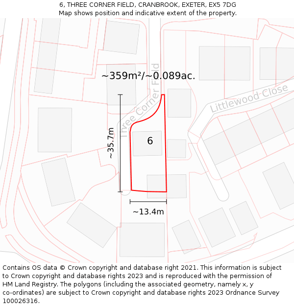 6, THREE CORNER FIELD, CRANBROOK, EXETER, EX5 7DG: Plot and title map