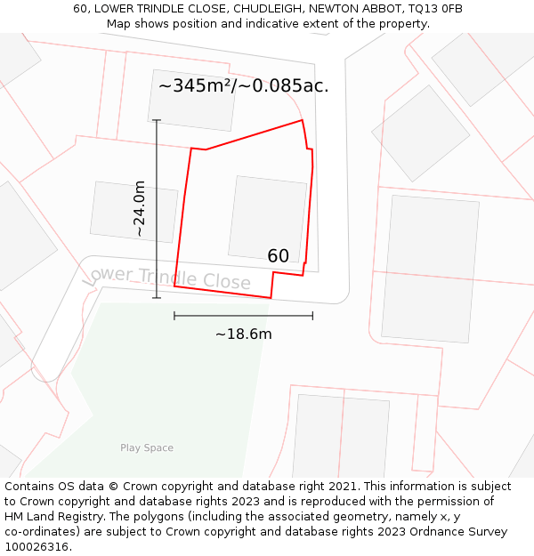 60, LOWER TRINDLE CLOSE, CHUDLEIGH, NEWTON ABBOT, TQ13 0FB: Plot and title map