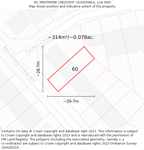 60, MENTMORE CRESCENT, DUNSTABLE, LU6 3NN: Plot and title map