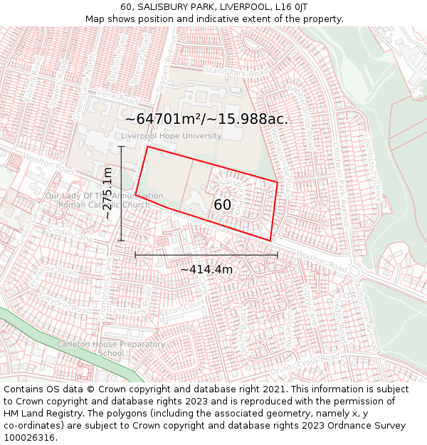 60, SALISBURY PARK, LIVERPOOL, L16 0JT: Plot and title map
