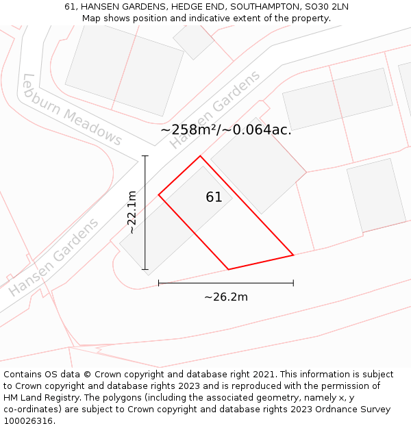 61, HANSEN GARDENS, HEDGE END, SOUTHAMPTON, SO30 2LN: Plot and title map