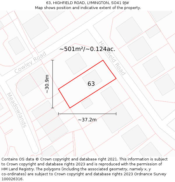 63, HIGHFIELD ROAD, LYMINGTON, SO41 9JW: Plot and title map