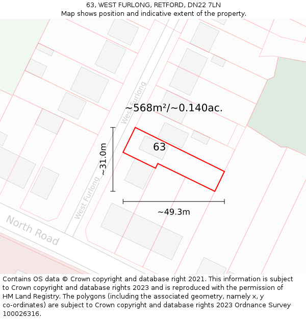 63, WEST FURLONG, RETFORD, DN22 7LN: Plot and title map