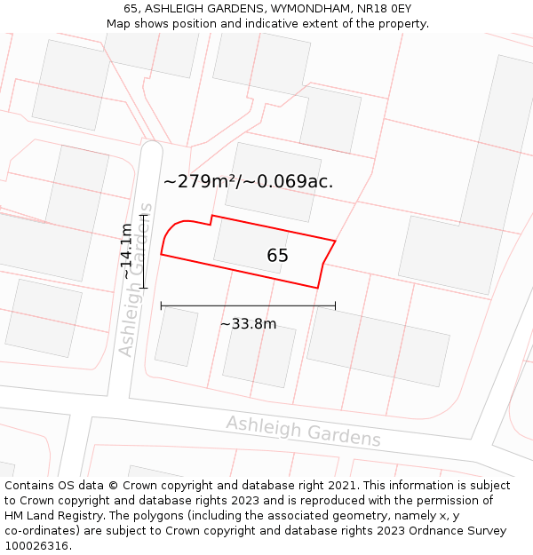 65, ASHLEIGH GARDENS, WYMONDHAM, NR18 0EY: Plot and title map