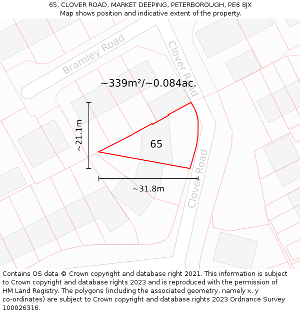 65, CLOVER ROAD, MARKET DEEPING, PETERBOROUGH, PE6 8JX: Plot and title map