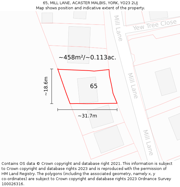 65, MILL LANE, ACASTER MALBIS, YORK, YO23 2UJ: Plot and title map