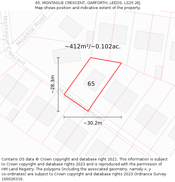 65, MONTAGUE CRESCENT, GARFORTH, LEEDS, LS25 2EJ: Plot and title map