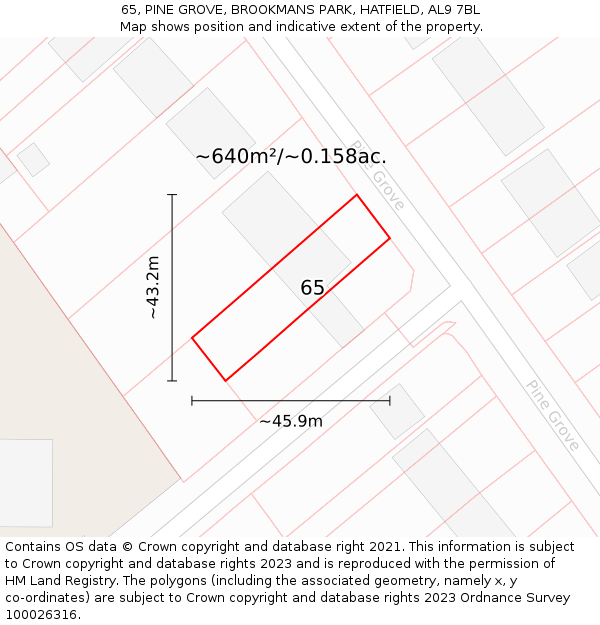 65, PINE GROVE, BROOKMANS PARK, HATFIELD, AL9 7BL: Plot and title map