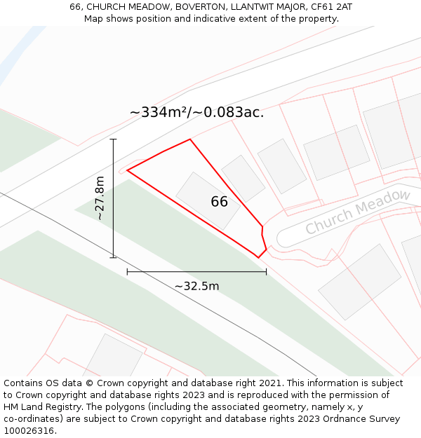 66, CHURCH MEADOW, BOVERTON, LLANTWIT MAJOR, CF61 2AT: Plot and title map