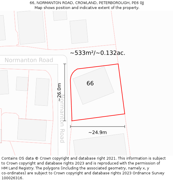 66, NORMANTON ROAD, CROWLAND, PETERBOROUGH, PE6 0JJ: Plot and title map
