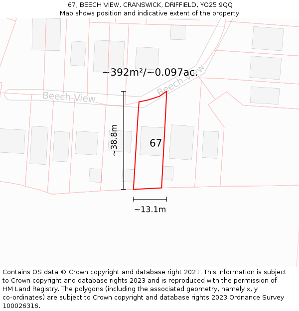 67, BEECH VIEW, CRANSWICK, DRIFFIELD, YO25 9QQ: Plot and title map