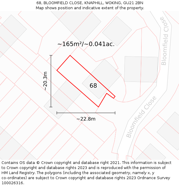 68, BLOOMFIELD CLOSE, KNAPHILL, WOKING, GU21 2BN: Plot and title map