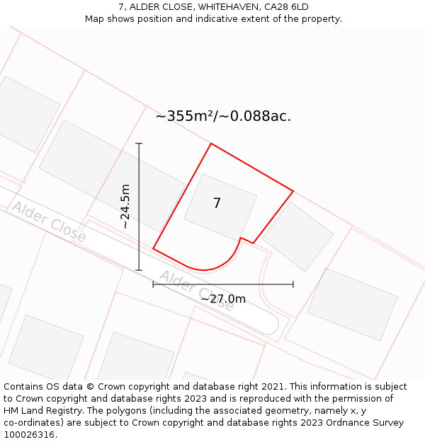 7, ALDER CLOSE, WHITEHAVEN, CA28 6LD: Plot and title map