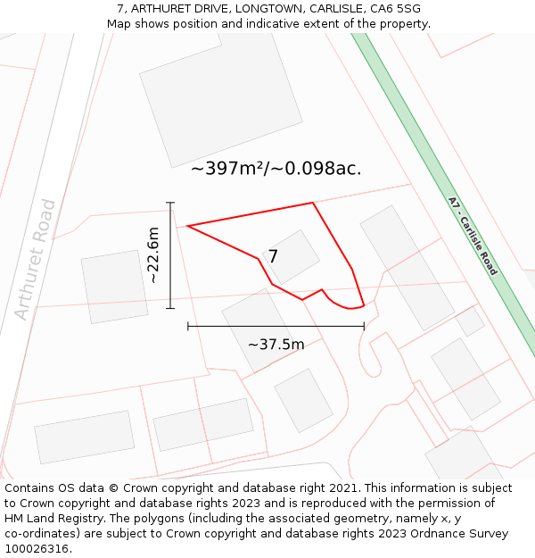 7, ARTHURET DRIVE, LONGTOWN, CARLISLE, CA6 5SG: Plot and title map