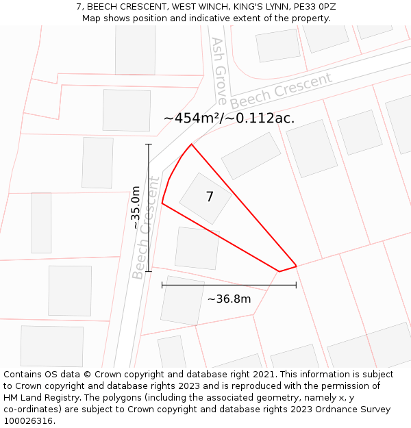 7, BEECH CRESCENT, WEST WINCH, KING'S LYNN, PE33 0PZ: Plot and title map