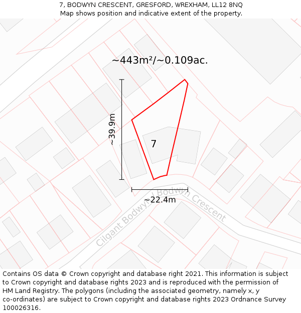 7, BODWYN CRESCENT, GRESFORD, WREXHAM, LL12 8NQ: Plot and title map