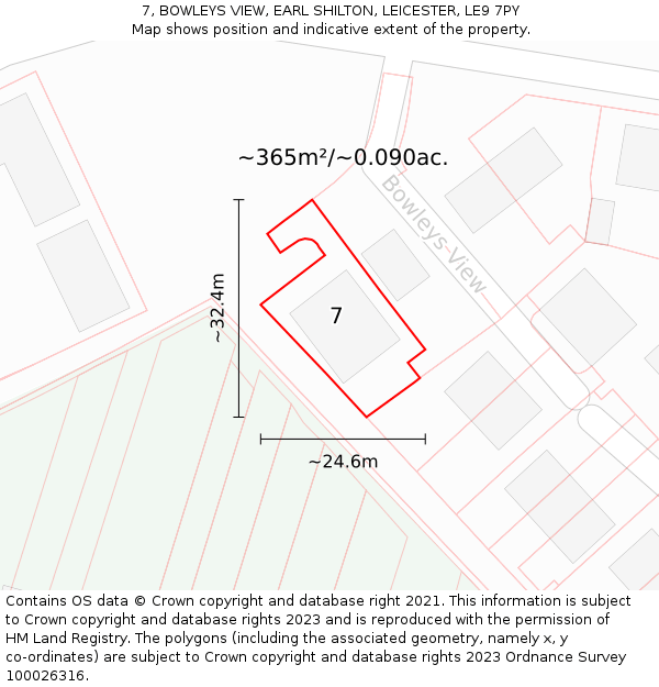 7, BOWLEYS VIEW, EARL SHILTON, LEICESTER, LE9 7PY: Plot and title map