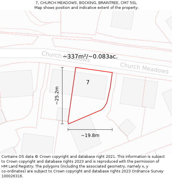 7, CHURCH MEADOWS, BOCKING, BRAINTREE, CM7 5SL: Plot and title map