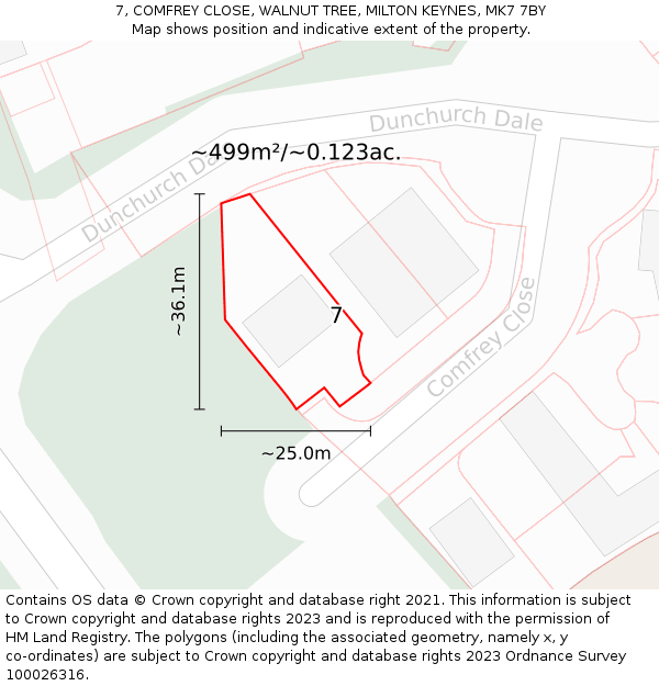 7, COMFREY CLOSE, WALNUT TREE, MILTON KEYNES, MK7 7BY: Plot and title map