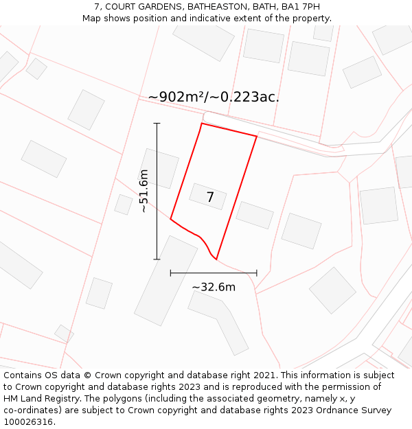7, COURT GARDENS, BATHEASTON, BATH, BA1 7PH: Plot and title map