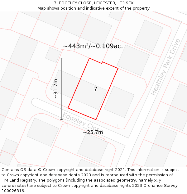 7, EDGELEY CLOSE, LEICESTER, LE3 9EX: Plot and title map