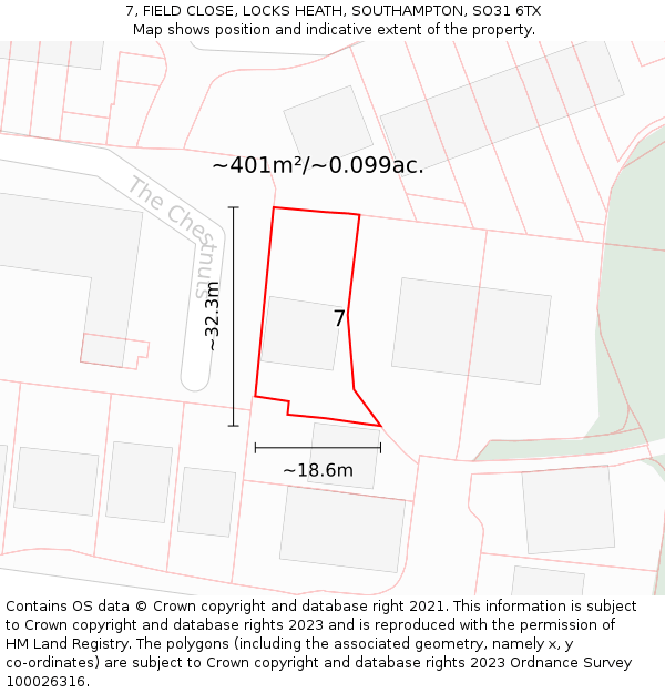 7, FIELD CLOSE, LOCKS HEATH, SOUTHAMPTON, SO31 6TX: Plot and title map