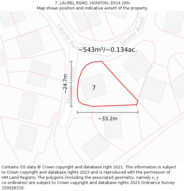 7, LAUREL ROAD, HONITON, EX14 2XN: Plot and title map