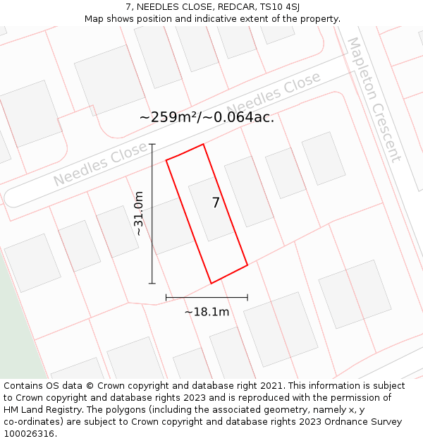 7, NEEDLES CLOSE, REDCAR, TS10 4SJ: Plot and title map