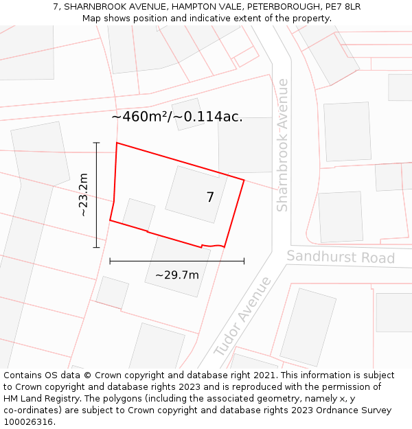 7, SHARNBROOK AVENUE, HAMPTON VALE, PETERBOROUGH, PE7 8LR: Plot and title map