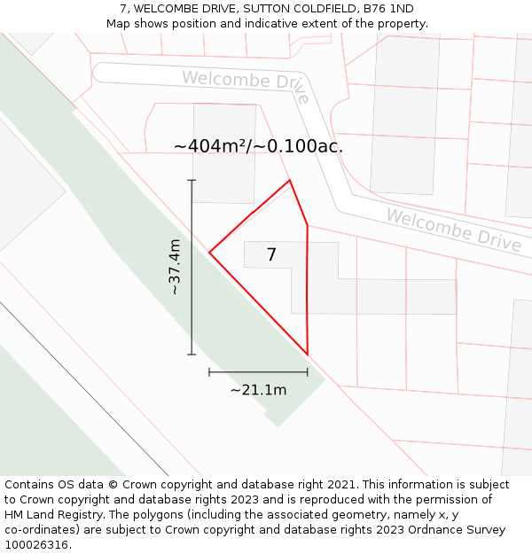 7, WELCOMBE DRIVE, SUTTON COLDFIELD, B76 1ND: Plot and title map