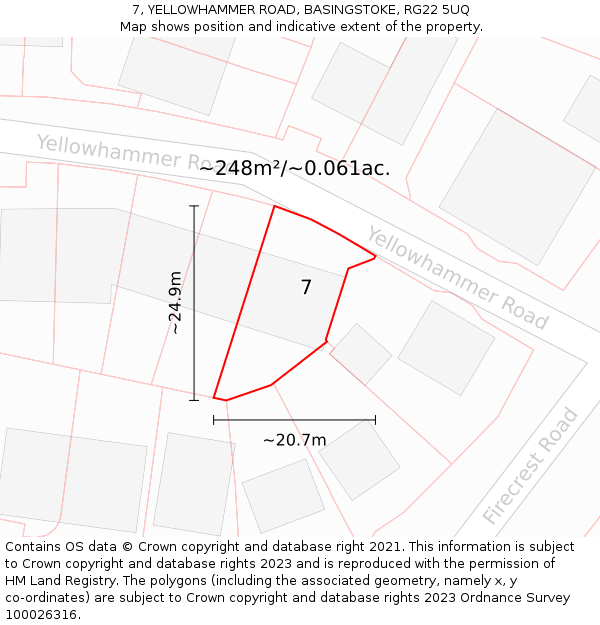 7, YELLOWHAMMER ROAD, BASINGSTOKE, RG22 5UQ: Plot and title map