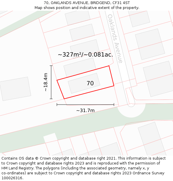70, OAKLANDS AVENUE, BRIDGEND, CF31 4ST: Plot and title map