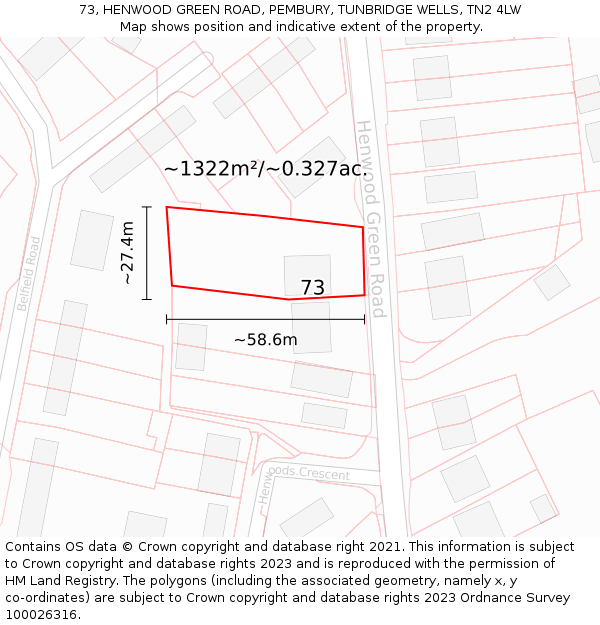 73, HENWOOD GREEN ROAD, PEMBURY, TUNBRIDGE WELLS, TN2 4LW: Plot and title map