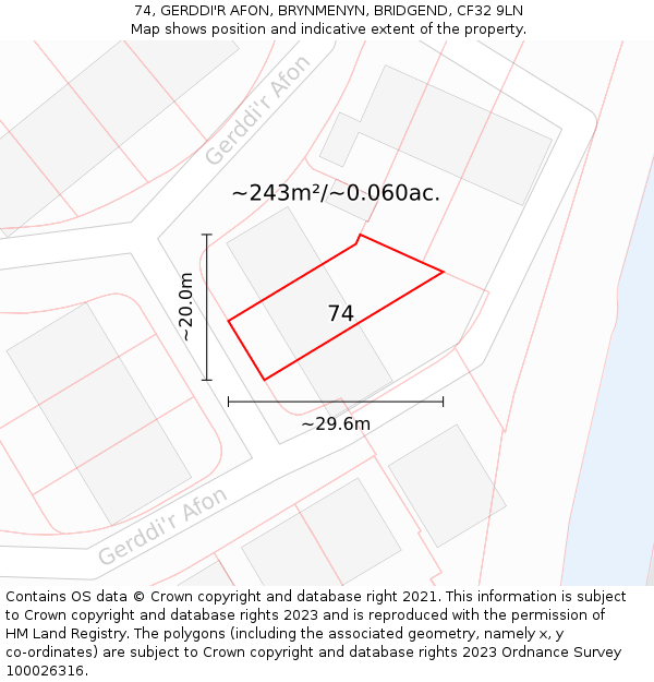 74, GERDDI'R AFON, BRYNMENYN, BRIDGEND, CF32 9LN: Plot and title map