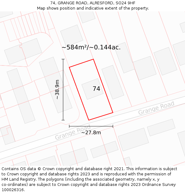 74, GRANGE ROAD, ALRESFORD, SO24 9HF: Plot and title map