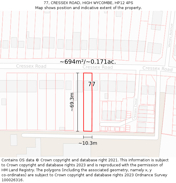 77, CRESSEX ROAD, HIGH WYCOMBE, HP12 4PS: Plot and title map