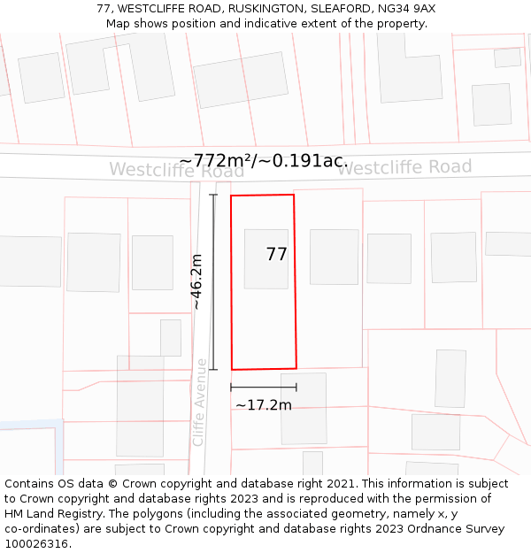 77, WESTCLIFFE ROAD, RUSKINGTON, SLEAFORD, NG34 9AX: Plot and title map
