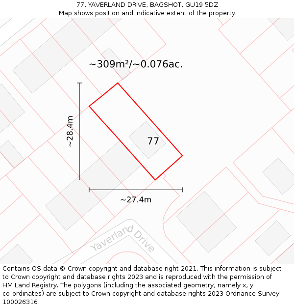 77, YAVERLAND DRIVE, BAGSHOT, GU19 5DZ: Plot and title map