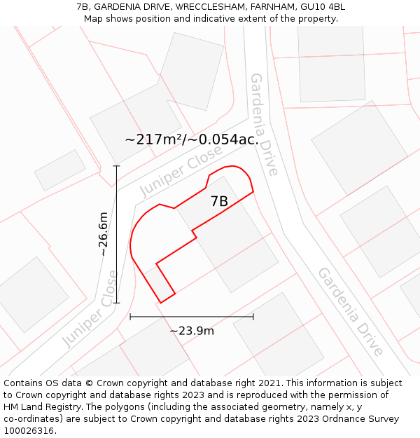 7B, GARDENIA DRIVE, WRECCLESHAM, FARNHAM, GU10 4BL: Plot and title map